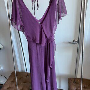 ASOS DESIGN purple split sleev cape back dipped hem maxi dress with tie shoulder